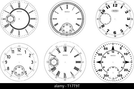 Orologio impostato in bianco isolato su sfondo bianco. Vector watch design. Vintage numero romano illustrazione di clock. Il numero nero scala rotonda Illustrazione Vettoriale