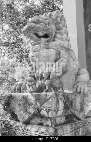 Hangzhou, Zhejiang, Cina - 16 Dicembre 2018 : Lion statua che si trova nella parte anteriore del Tempio Lingyin in Hangzhou, Cina (Tempio dell'anima del ritiro) uno dei la Foto Stock