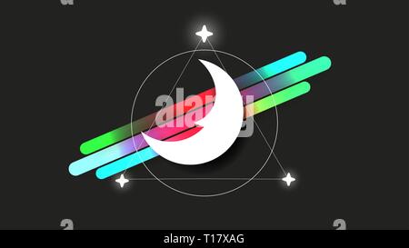 Logo della luna nello stile della linea Arte su uno sfondo scuro. Configurazione astratta. Illustrazione Vettoriale di disegnato a mano. Vettore semplice simbolo nero. Registro della luna Illustrazione Vettoriale