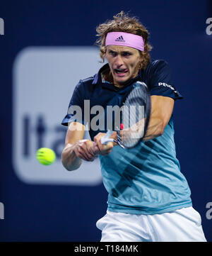 Giardini di Miami, Florida, Stati Uniti d'America. 23 Mar, 2019. Alexander Zverev, della Germania, in azione contro David Ferrer, di Spagna, durante un secondo round in abbinamento al 2019 Miami Open presentato da Itau professional tennis tournament, giocato all'Hardrock Stadium di Miami, Florida, Stati Uniti d'America. Mario Houben/CSM/Alamy Live News Foto Stock