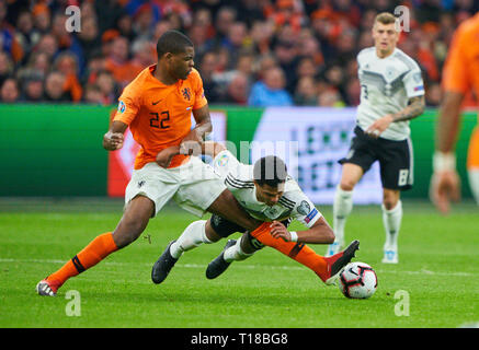 Amsterdam, Paesi Bassi. 24 Mar, 2019. Denzel DUMFRIES, NL 22 competere per la palla, affrontando, duello, intestazione zweikampf, azione, lotta contro Serge GNABRY, DFB 20 PAESI BASSI - GERMANIA Importante: DFB regolamenti vietano qualsiasi uso di fotografie come sequenze di immagini e/o quasi-video. La qualificazione per i Campionati Europei quali EM, 2020 stagione 2018/2019, Marzo 24, 2019 a Amsterdam, Paesi Bassi. Credito: Peter Schatz/Alamy Live News Foto Stock