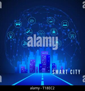 Smart moderno concetto di città in colori blu. Smart City Paesaggio e sistema di controllo e monitoraggio Icon Set. Sfondo tecnologico. Illustrazione Vettoriale Illustrazione Vettoriale