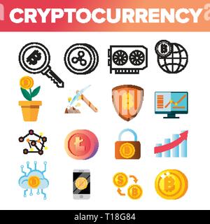 Monete Cryptocurrency Imposta icona Vettore. Crypto contanti. Sicurezza. Oro denaro. Mining Virtual SIG. Finanziarie del mercato Internet. Linea piatta, illustrazione Illustrazione Vettoriale
