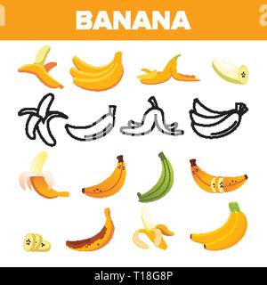 Banana frutta Imposta icona Vettore. Alimento giallo simbolo. Silhouette a grappolo. Natura tropicale dieta. Dolce naturale vegetariana segno. Oggetto eco. La linea, piatto Illustrazione Vettoriale