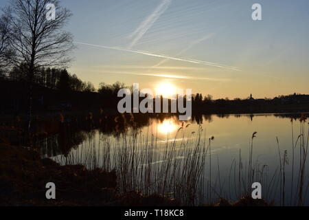 Tramonto a un lago in Germania attraverso la canna Foto Stock
