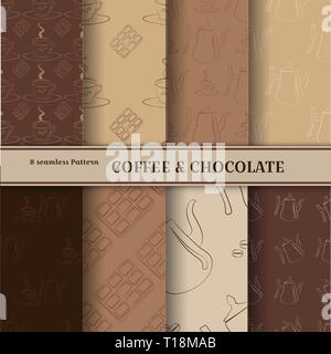 Set caffè modello senza giunture. Illustrazione caffettiera, coppa, cioccolato oggetti di contorno. Colore del vettore insieme di sfumature di marrone chiaro. Eleganti sfondi per blog, Illustrazione Vettoriale