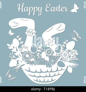 Coniglio zampe, basket, butterfly, Tarassaco, erba, foglie e fiori di camomilla, uovo. Illustrazione Vettoriale. Uova di Pasqua per le vacanze di Pasqua. Stick di carta Illustrazione Vettoriale