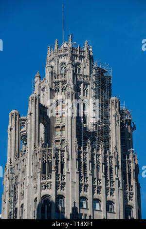 Chicago, IL, STATI UNITI D'AMERICA MARZO 16, 2019: La Tribune Tower, un grattacielo neogotico nel centro cittadino di Chicago. Parte di Michigan-Wacker quartiere storico. Foto Stock