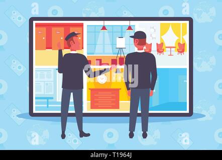 Due guardie di sicurezza guardando lo schermo del monitor di uomini in uniforme insieme permanente di monitoraggio di telecamere TVCC sorveglianza controllo stanza piena lunghezza flat Illustrazione Vettoriale
