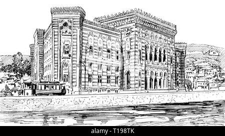 Geografia / viaggi storico, Bosnia ed Erzegovina, città e comunità, Sarajevo, edificio, municipio (Vijecnica), vista esterna, incisione su legno basato sul disegno, luglio 1914, Additional-Rights-Clearance-Info-Not-Available Foto Stock