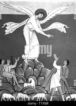 La religione, il cristianesimo, Gesù Cristo, natività, "l'Annunciazione ai pastori", illuminazione, dal Maestro della Scuola di Reichenau, 1007 - 1012, l'artista del diritto d'autore non deve essere cancellata Foto Stock