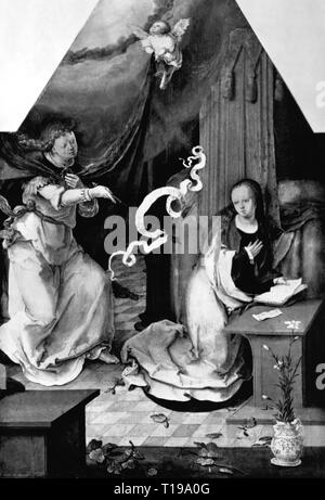 La religione, il cristianesimo, l'Annunciazione, "l'Annunciazione", pittura, da Lucas van Leyden (1494 - 1533), il primo terzo del secolo XVI, olio su pannello, 42 x 29 cm, old pinacotheca, Monaco di Baviera, artista del diritto d'autore non deve essere cancellata Foto Stock