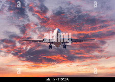 Atterraggio aereo. Paesaggio con aereo passeggeri vola nel cielo blu con rosso, viola e arancione nuvole al tramonto. Sfondo di viaggio. Passeng Foto Stock