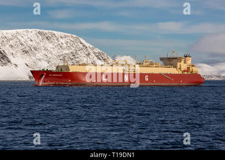 La SK risoluta ed un gas naturale liquido, LNG tanker, costruito nel 2018, sotto il dispositivo di ancoraggio nei fiordi norvegesi. Foto Stock