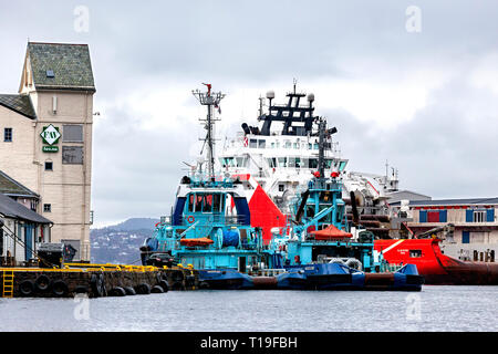 Due barche rimorchiatore vivax e Silex ormeggiato a Tollbodkaien nel porto di Bergen, Norvegia. Dietro è il AHTS Anchor Handling Tug recipiente di alimentazione KL Saltfjord Foto Stock