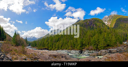 Vista panoramica del fiume Kennedy e la gamma della montagna con il paesaggio forestale in Isola di Vancouver, BC Foto Stock