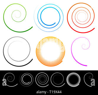 Spirali colorate, turbolenza, volteggiano forme. Nelle versioni bianco incluso. Illustrazione Vettoriale. Foto Stock