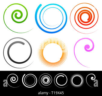 Spirali colorate, turbolenza, volteggiano forme. Nelle versioni bianco incluso. Illustrazione Vettoriale. Foto Stock