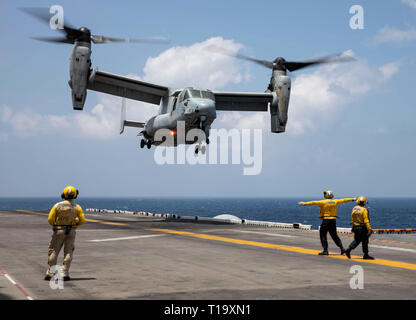 Golfo di Aden (23 marzo 2019) - Una MV-22 Osprey con il ventiduesimo Marine Expeditionary Unit si prepara a terra sul ponte di volo dell'Wasp-classe assalto anfibio nave USS Kearsarge (LHD-3) durante una tattica di recupero di aeromobili e di missione del personale prove. Il corso di formazione prepara Marines per inserire aree combattivo e recuperare o distruggere i materiali sensibili nonché recuperare personale. Marines e marinai con il ventiduesimo MEU e anfibio Kearsarge pronto Gruppo sono attualmente dispiegati per gli Stati Uniti Quinta Flotta area di operazioni a sostegno di operazioni navali per garantire stabilità marittima e di sicurezza Foto Stock