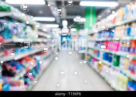 Franchising rete di distribuzione Negozio Retail Business concetto finanziario. Supermercato sfocata sullo sfondo. Foto Stock