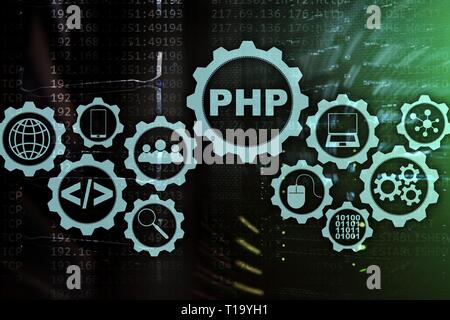 Linguaggio di programmazione di PHP. Lo sviluppo di programmazione e tecnologie di codifica.Cyber spazio concept Foto Stock