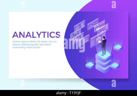 L'uomo interagendo con carte virtuali e analisi statistiche. Per la visualizzazione di dati concetto. Landing page modello. Vettore 3d illustrazione isometrica. Può Illustrazione Vettoriale