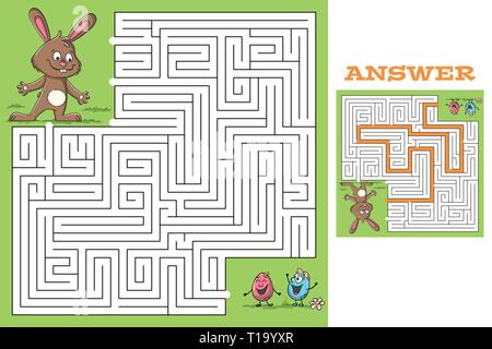 Cartoon pasqua gioco puzzle con soluzione. Illustrazione Vettoriale con strati separati. Illustrazione Vettoriale