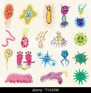 Set di caratteri di batteri. Carino il germe e la micro Microbe divertenti e infezione da virus. Funny bad emozioni. Colore Cartoon Monster, agente patogeno o un parassita. Illustrazione Vettoriale