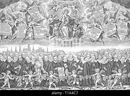 Eventi, guerra dei trenta anni 1618 - 1648, 42 Monaco di Baviera ostaggi del re Gustav Adolf della Svezia e la loro immagine votiva per la chiesa di Santa Maria, Ramersdorf, incisione su legno, secolo XIX, artista del diritto d'autore non deve essere cancellata Foto Stock