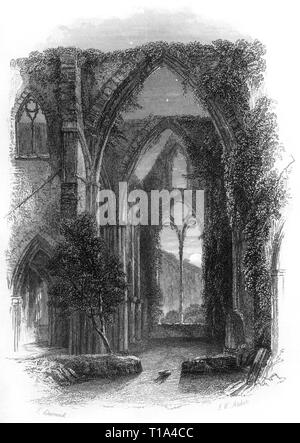 Un'incisione di Tintern Abbey, Monmouthshire, Wales UK, scansionata ad alta risoluzione da un libro pubblicato nel 1841. Credevo libero da copyright. Foto Stock