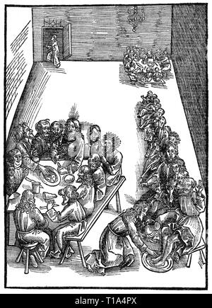 La religione, il cristianesimo, Gesù Cristo, passione, ultima cena e lavaggio dei piedi, xilografia, di Urs Graf il sambuco (circa 1485 - 1528), da: 'Die passione Christi" (La Passione di Cristo), stampa: Johann Knobloch, Strasburgo, 1506, artista del diritto d'autore non deve essere cancellata Foto Stock