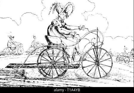 Trasporti / trasporto di biciclette, triciclo, caricatura, Ladies' Hobby, disegno di Thomas Rowlandson, Inghilterra, 1819, Additional-Rights-Clearance-Info-Not-Available Foto Stock