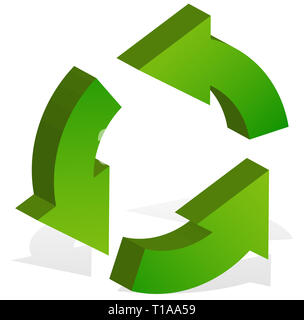 Verde 3d riciclaggio riciclare frecce con 3 frecce curve. Frecce di rotazione in un cerchio. Foto Stock