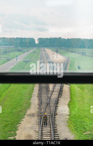 Oswiencim, Polonia - 21 Settembre 2019: Donna a piedi lungo la linea ferroviaria in cui i carri sono arrivati con i detenuti di Birkenau. Foto Stock