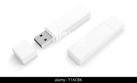 Bianco USB flash drive isolati su sfondo bianco. Pen Drive. Flash stick. 3d'illustrazione. Foto Stock