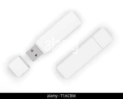 Bianco USB flash drive isolati su sfondo bianco. Pen Drive. Flash stick. 3d'illustrazione. Foto Stock