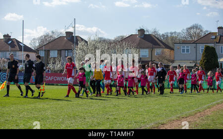 Dartford, Kent, Regno Unito. Il 24 marzo 2019. Le squadre testata sul passo durante il FAWSL 2 corrispondenza tra Charlton Athletic donne e il Manchester United donne presso Oakwood, Old Rd, Crayford, Dartford Kent, DA1 4DN il 24 marzo 2019. Foto di Andy Rowland. Credito: Andrew Rowland/Alamy Live News Foto Stock