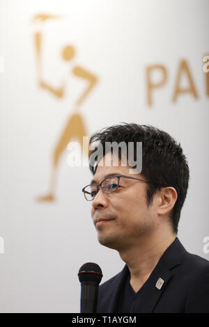 Tokyo, Giappone. 25 Mar, 2019. Tokyo torcia 2020 designer Tokujin Yoshioka assiste il Tokyo 2020 Torcia Paralimpici inaugurazione evento in Tokyo, Giappone, il 25 marzo 2019. Credito: Xinhua/Alamy Live News Foto Stock