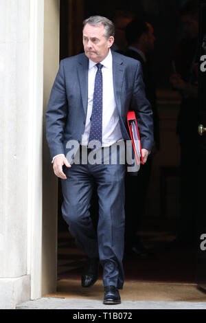 A Downing Street, Londra, Regno Unito, 25 Mar 2019. Liam Fox MP, Segretario di Stato per il commercio internazionale e il presidente del consiglio di amministrazione del commercio.Ministri lasciare Downing Street. Credito: Imageplotter/Alamy Live News Foto Stock