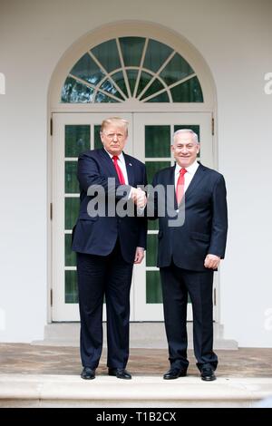 Washington, Stati Uniti d'America. 25 Mar, 2019. Stati Uniti Presidente Donald Trump (L) incontra il Primo Ministro israeliano Benjamin Netanyahu alla Casa Bianca di Washington, DC, Stati Uniti, 25 marzo 2019. Trump lunedì ha firmato un annuncio riconoscendo Israele la sovranità su il contestato Golan, territorio che Israele sequestrati dalla Siria nel 1967. Credito: Ting Shen/Xinhua/Alamy Live News Foto Stock