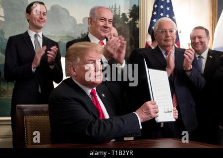 Washington, DC, Stati Uniti d'America. 25 Mar, 2019. Il presidente statunitense Trump (C) mostra un ordine che ha appena firmato il riconoscimento di Golan come territorio israeliano, nella parte anteriore del primo ministro di Israele Benjamin Netanyahu indietro (C), la carriera diplomatica Recception stanza della Casa Bianca di Washington, DC, Stati Uniti d'America, 25 marzo 2019. Anche nella foto è Senior Advisor del Presidente Jared Kushner (TORNA L), l'Ambasciatore degli Stati Uniti a Israele David Friedman (2-R) e il Segretario di Stato americano Mike Pompeo (R). Credito: Michael Reynolds/Piscina via CNP | Utilizzo di credito in tutto il mondo: dpa/Alamy Live News Foto Stock