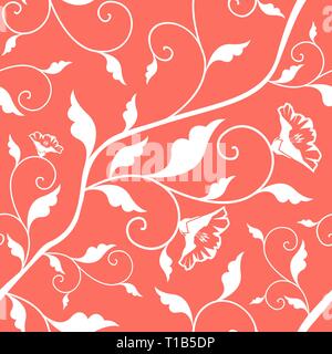 Coral Pink Vector Seamless motivo floreale. Coralli viventi - 2019 colore dell'anno. Le foglie e i fiori bianco texture. Ripetendo lo sfondo di Damasco Illustrazione Vettoriale