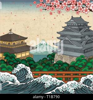 Giapponese i punti di riferimento tradizionali e wave maree, fuji sullo sfondo di montagna in stile Ukiyo-e Illustrazione Vettoriale