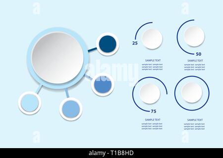 Una infografica come cerchio vuoto con quattro cerchi vuoti intorno e circoli che mostra un trimestre, un semestre, tre quarti, e risultato completo di prestazioni. Illustrazione Vettoriale