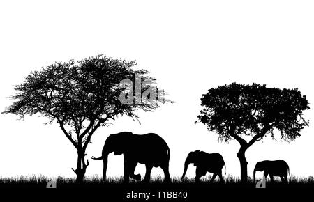 Illustrazione realistica del paesaggio con alberi in African Safari. Una famiglia di tre elefanti con un bambino andare in erba - vettore Illustrazione Vettoriale
