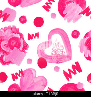 Modello senza giunture di Bright macchie di colore texture su bianco sfondo isolato corse corse di linee di elementi geometrici rosa rosso dipinto a mano Foto Stock
