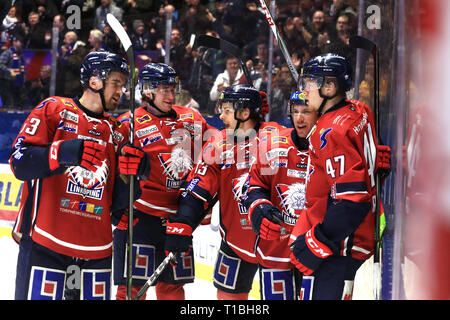 LINKÖPING 20180203 Jubel ho Linköping sotto i matchen SHL mellan Linköpings HC-HV71 mi Saab arena. Foto Jeppe Gustafsson Foto Stock