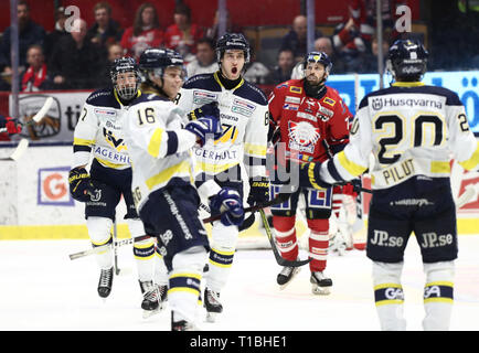 LINKÖPING 20180203 Jubel ho HV sotto i matchen SHL mellan Linköpings HC-HV71 mi Saab arena. Foto Jeppe Gustafsson Foto Stock