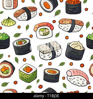 Modello senza soluzione di continuità con il Giappone sushi isolato su bianco Illustrazione Vettoriale