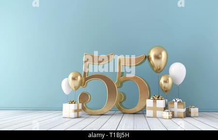 Numero 55 parte celebrazione camera con oro e palloncini bianchi e confezioni regalo. Foto Stock